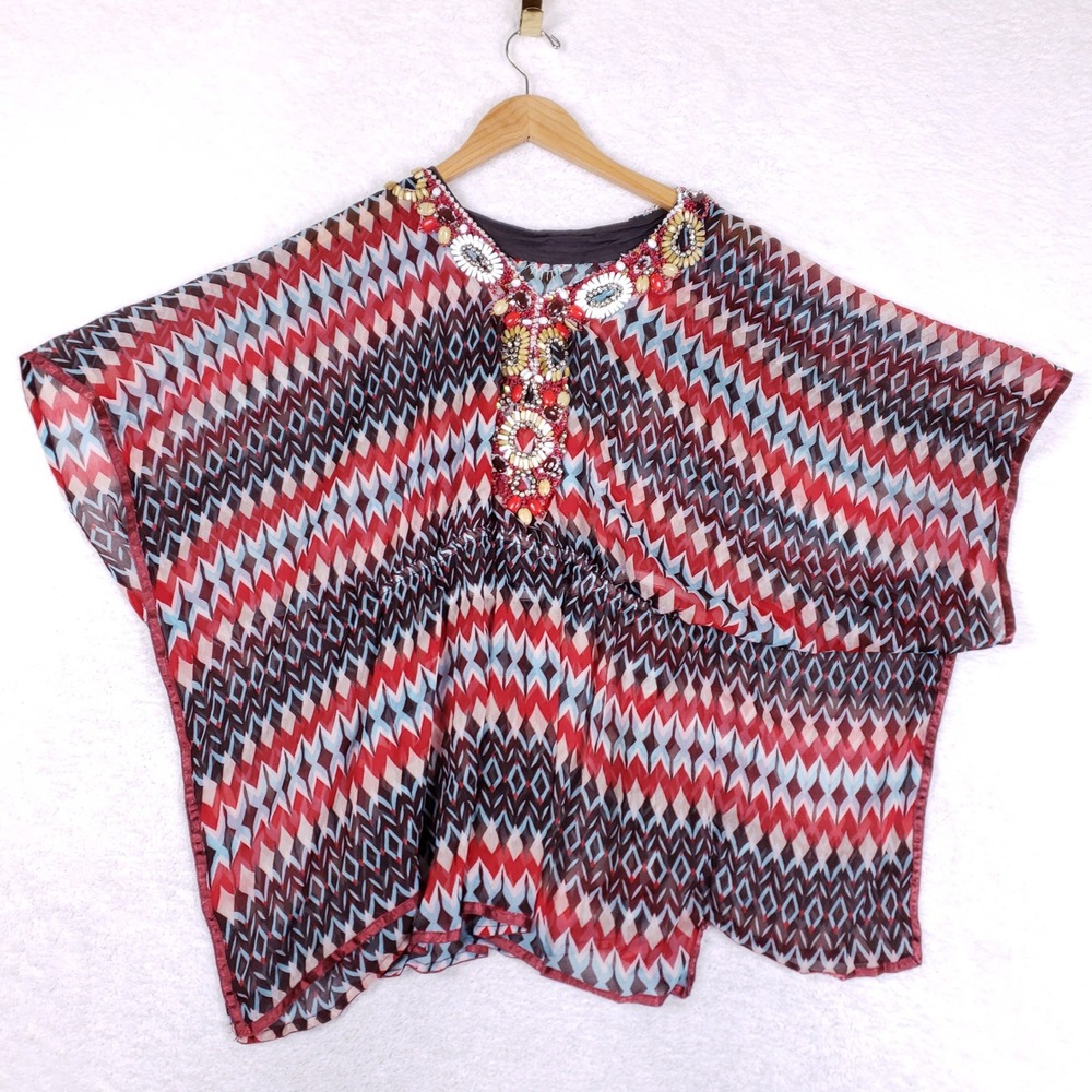 Kaftan Top‎ Womens OS Boho Beaded Chevron Embellished Chiffon Blouse